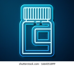 Glowing neon line Medicine bottle icon isolated on blue background. Bottle pill sign. Pharmacy design.  Vector Illustration