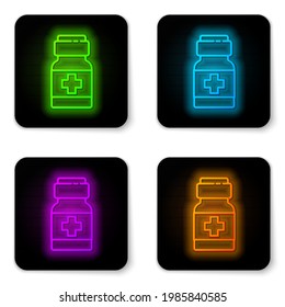 Glowing neon line Medicine bottle and pills icon isolated on white background. Medical drug package for tablet, vitamin, antibiotic, aspirin. Black square button. Vector