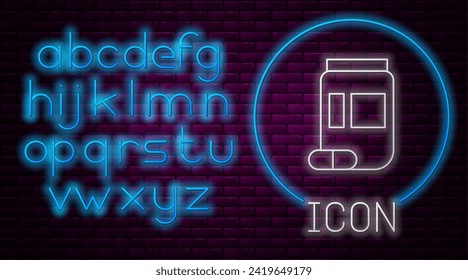 Glowing neon line Medicine bottle and pills icon isolated on brick wall background. Bottle pill sign. Pharmacy design. Neon light alphabet. Vector Illustration