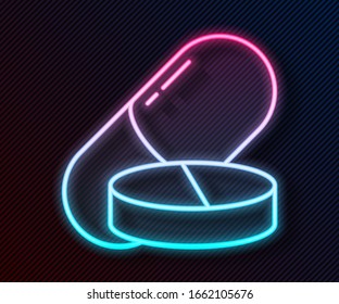 Glowing neon line Medicine pill or tablet icon isolated on black background. Capsule pill and drug sign. Pharmacy design.  Vector Illustration