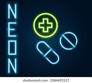 Glowing neon line Medicine pill or tablet icon isolated on black background. Capsule pill and drug sign. Pharmacy design. Colorful outline concept. Vector