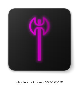 Glowing neon line Medieval axe icon isolated on white background. Battle axe, executioner axe. Medieval weapon. Black square button. Vector Illustration