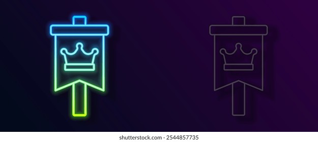 Glowing neon line Medieval flag icon isolated on black background. Country, state, or territory ruled by a king or queen.  Vector