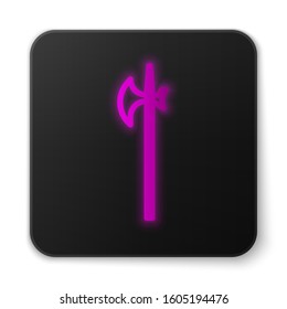 Glowing neon line Medieval halberd icon isolated on white background. Medieval weapon. Black square button. Vector Illustration