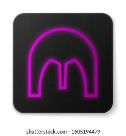 Glowing neon line Medieval iron helmet for head protection icon isolated on white background. Black square button. Vector Illustration