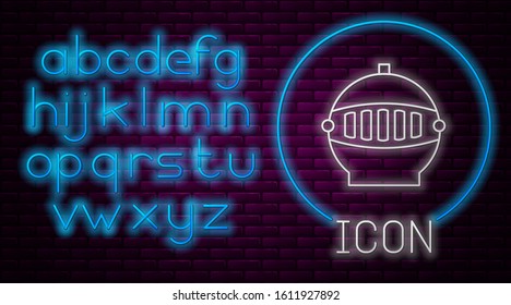 Glowing neon line Medieval iron helmet for head protection icon isolated on brick wall background. Neon light alphabet. Vector Illustration