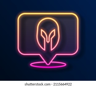Glowing neon line Medieval iron helmet for head protection icon isolated on black background. Knight helmet.  Vector