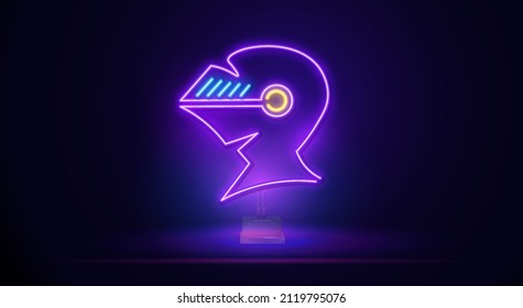 Glowing neon line of medieval iron helmet for head protection badge isolated on dark background. A knight's helmet for your design. Vector