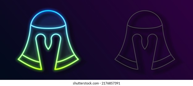 Glowing neon line Medieval iron helmet for head protection icon isolated on black background. Knight helmet.  Vector