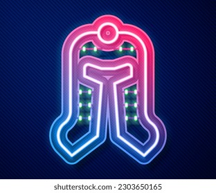 Glowing neon line Medieval iron helmet for head protection icon isolated on blue background.  Vector