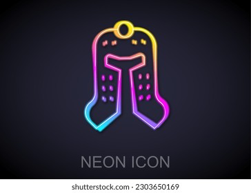 Glowing neon line Medieval iron helmet for head protection icon isolated on black background.  Vector