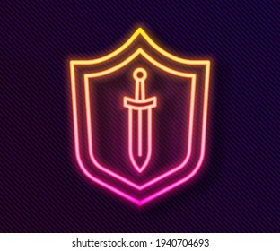 Glowing neon line Medieval shield with sword icon isolated on black background.  Vector