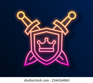 Línea de neón brillante escudo medieval con icono de espadas cruzadas aislado en fondo negro.  Vector