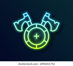 Línea de neón brillante Escudo medieval con el icono de ejes cruzados aislado sobre fondo negro. Hacha de batalla, hacha de verdugo.  Vector