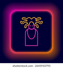 Linha de neon brilhante Medusa Gorgon cabeça com cobras ícone grego isolado no fundo preto. Conceito de contorno colorido. Vetor