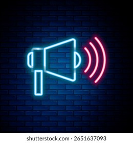 Linha de neon brilhante ícone Megaphone isolado no fundo da parede de tijolo. Conceito de alerta de voz alta. Bullhorn para a promoção de gritos. Conceito de contorno colorido. Vetor