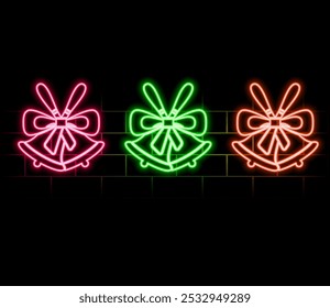 Glowing neon line Merry Christmas ringing bell icon isolated on black background. Alarm symbol, service bell, handbell sign, notification. Vector.pink.