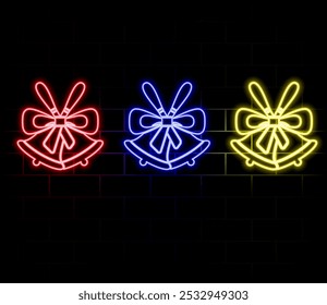 Glowing neon line Merry Christmas ringing bell icon isolated on black background. Alarm symbol, service bell, handbell sign, notification. Vector.