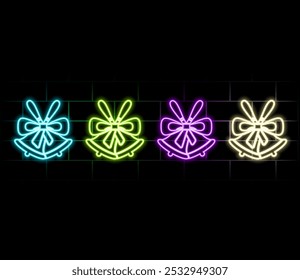 Glowing neon line Merry Christmas ringing bell icon isolated on black background. Alarm symbol, service bell, handbell sign, notification. Vector.green.