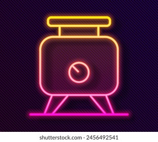 Glowing neon line Metal tank with grape juice as alcoholic fermentation icon isolated on black background.  Vector