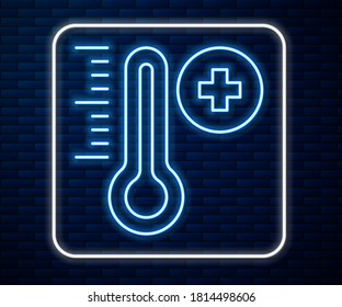 Glowing neon line Meteorology thermometer measuring icon isolated on brick wall background. Thermometer equipment showing hot or cold weather.  Vector