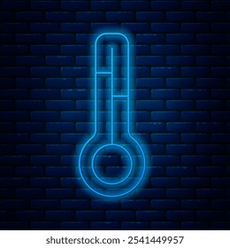 Glowing neon line Meteorology thermometer measuring icon isolated on brick wall background. Thermometer equipment showing hot or cold weather.  Vector