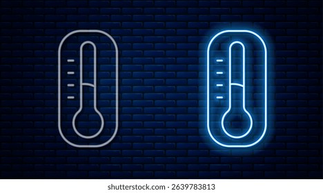 Glowing neon line Meteorology thermometer measuring icon isolated on brick wall background. Thermometer equipment showing hot or cold weather.  Vector