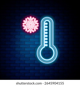 Glowing neon line Meteorology thermometer measuring heat and cold icon isolated on brick wall background. Thermometer equipment showing hot or cold weather. Colorful outline concept. Vector
