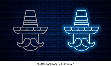 Glowing neon line Mexican man wearing sombrero icon isolated on brick wall background. Hispanic man with a mustache.  Vector