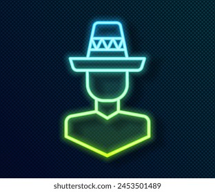 Glowing neon line Mexican man wearing sombrero icon isolated on black background. Hispanic man with a mustache.  Vector