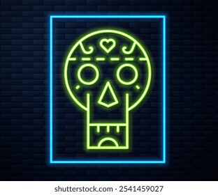 Glowing neon line Mexican skull icon isolated on brick wall background.  Vector