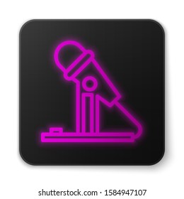 Glowing neon line Microphone icon isolated on white background. On air radio mic microphone. Speaker sign. Black square button. Vector Illustration