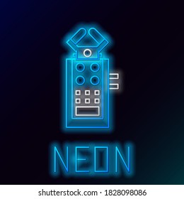 Glowing neon line Microphone icon isolated on black background. On air radio mic microphone. Speaker sign. Colorful outline concept. Vector