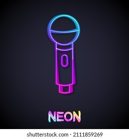 Glowing Neon Line Microphone Icon Isolated On Black Background. On Air Radio Mic Microphone. Speaker Sign.  Vector