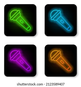 Glowing neon line Microphone icon isolated on white background. On air radio mic microphone. Speaker sign. Black square button. Vector