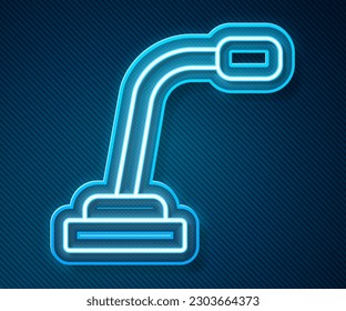 Glowing neon line Microphone icon isolated on blue background. On air radio mic microphone. Speaker sign.  Vector
