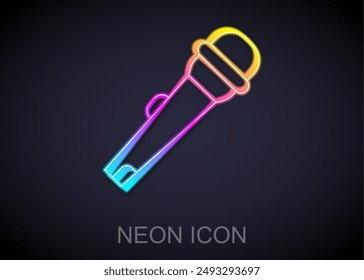 Glowing neon line Microphone icon isolated on black background. On air radio mic microphone. Speaker sign.  Vector