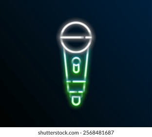 Glowing neon line Microphone icon isolated on black background. On air radio mic microphone. Speaker sign. Colorful outline concept. Vector