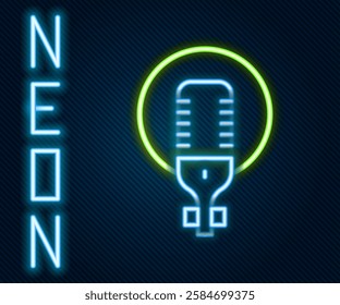 Glowing neon line Microphone icon isolated on black background. On air radio mic microphone. Speaker sign. Colorful outline concept. Vector