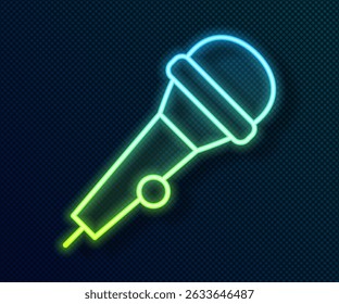 Glowing neon line Microphone icon isolated on black background. On air radio mic microphone. Speaker sign.  Vector