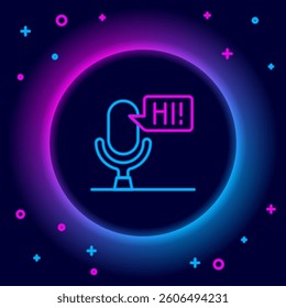 Glowing neon line Microphone voice device icon isolated on black background. Microphone interpreter and alphabet letters. Colorful outline concept. Vector