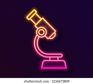 Glowing Neon Line Microscope Icon Isolated On Black Background. Chemistry, Pharmaceutical Instrument, Microbiology Magnifying Tool.  Vector