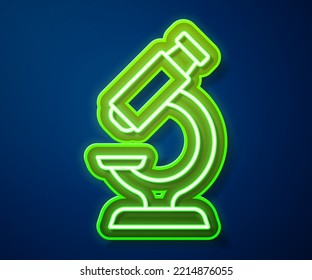 Glowing neon line Microscope icon isolated on blue background. Chemistry, pharmaceutical instrument, microbiology magnifying tool.  Vector