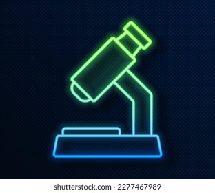 Glowing neon line Microscope icon isolated on blue background. Chemistry, pharmaceutical instrument, microbiology magnifying tool.  Vector