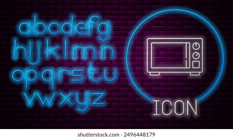 Icono de horno de microondas de línea de neón brillante aislado en fondo de pared de ladrillo. Icono de electrodomésticos. Alfabeto de luz de neón. Vector