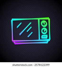 Glowing neon line Microwave oven icon isolated on black background. Home appliances icon.  Vector