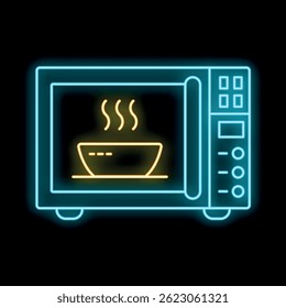 Glowing neon line microwave oven with bowl of hot soup icon isolated on black background. Heating servings blue glowing neon