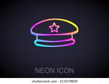 Glowing neon line Military beret icon isolated on black background. Soldiers cap. Army hat. War baret.  Vector