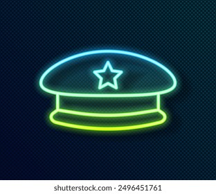 Glowing neon line Military beret icon isolated on black background. Soldiers cap. Army hat. War baret.  Vector