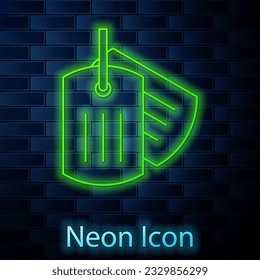 Glowing neon line Military dog tag icon isolated on brick wall background. Identity tag icon. Army sign.  Vector